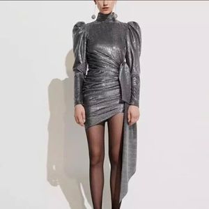 Grey sparkle long sleeve dress with bow accent